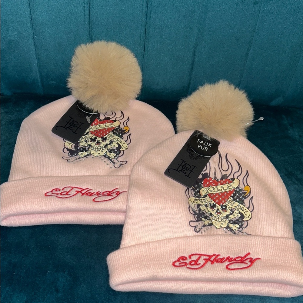Ed Hardy Pink Knit Beanie with Faux Fur Pom